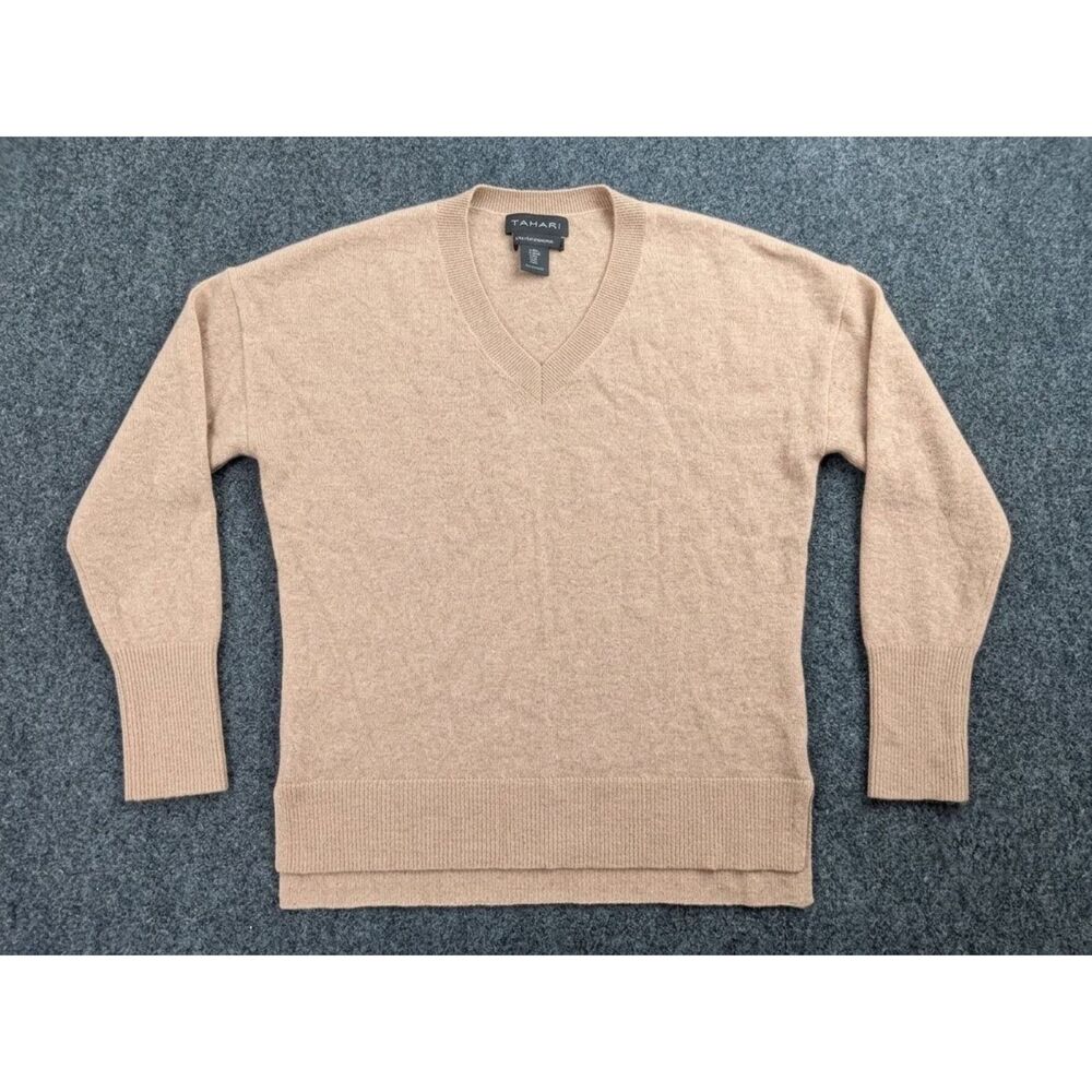 Tahari 100% Cashmere V-Neck Sweater Beige Tan Long Sleeve Soft Knit Womens M